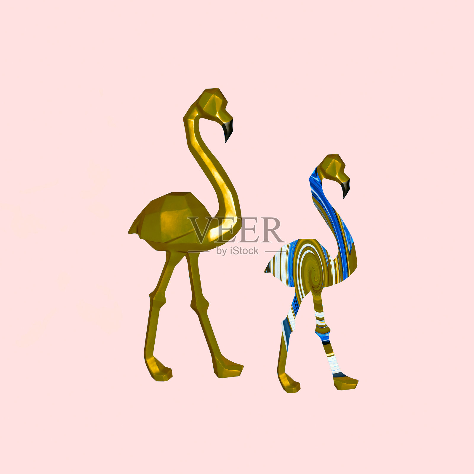 当代拼贴。一对可爱的粉红色火烈鸟，在粉红色的背景下，金色的。抽象概念，情人节，家庭。照片摄影图片