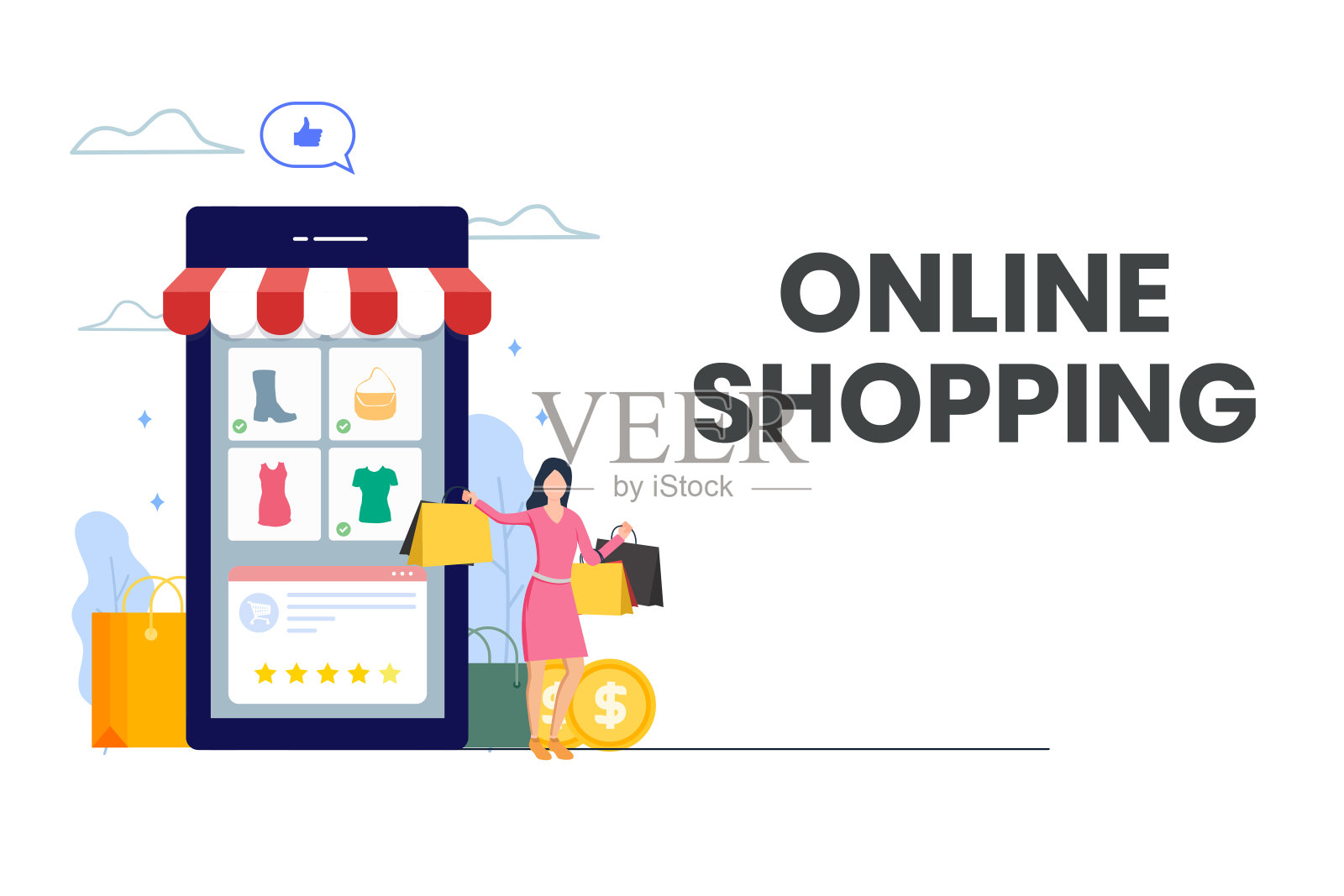 快乐女人做网上购物。有手机网购概念，产品列表，用户评分，手机界面。平的标题说明。向量设计模板素材