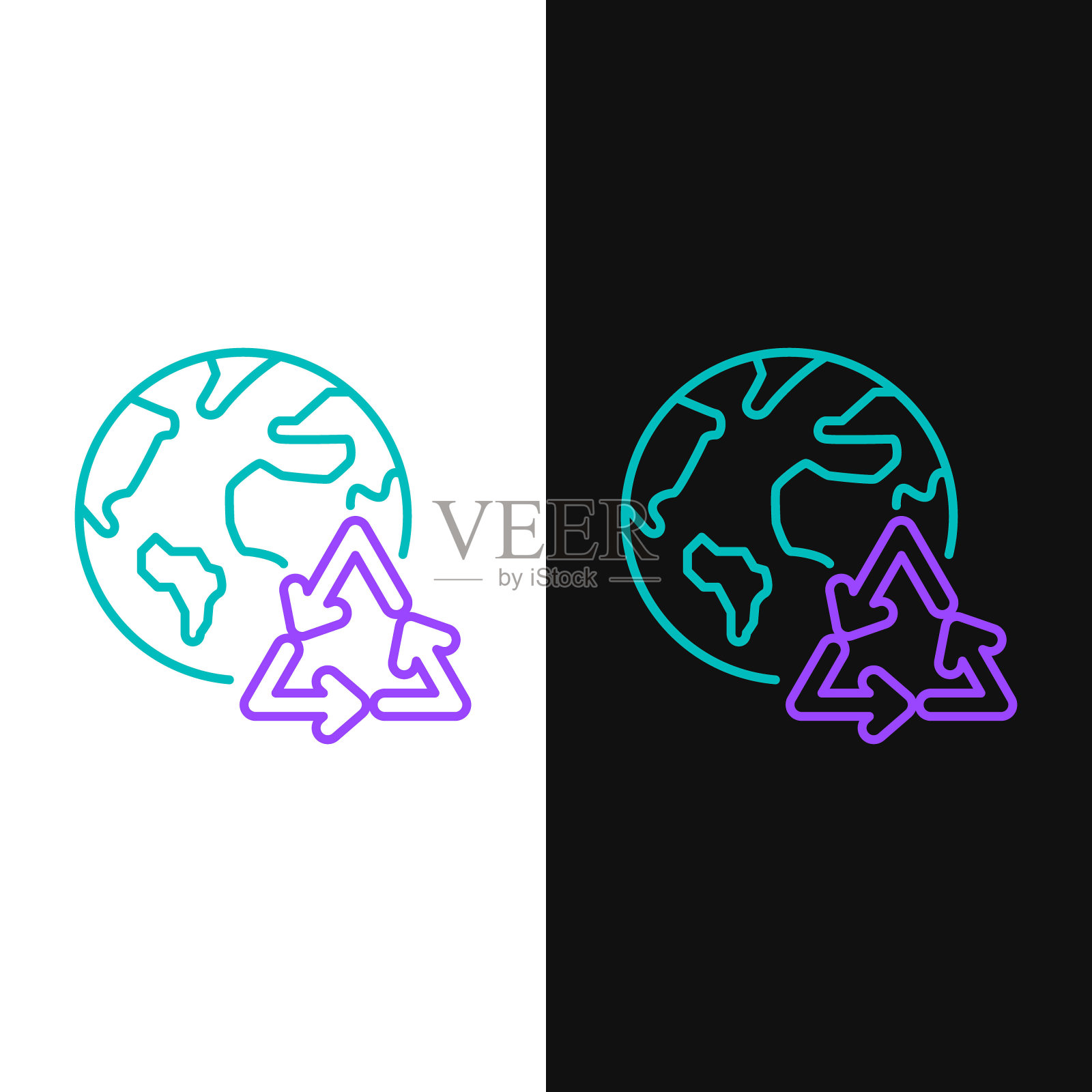 绿色和紫色线行星地球和回收图标孤立在白色和黑色的背景。环境的概念。矢量图插画图片素材