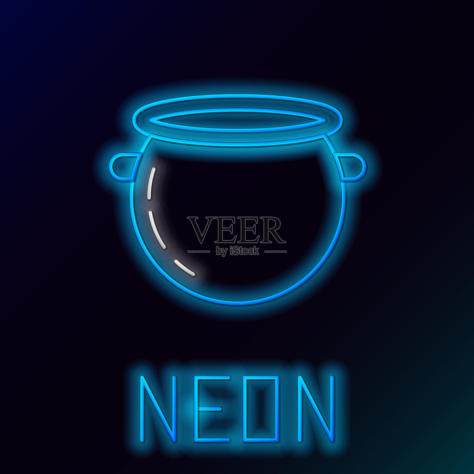 蓝色霓虹灯线万圣节女巫坩埚图标孤立在黑色的背景。快乐的万圣节派对。色彩斑斓的轮廓的概念。矢量图插画图片素材