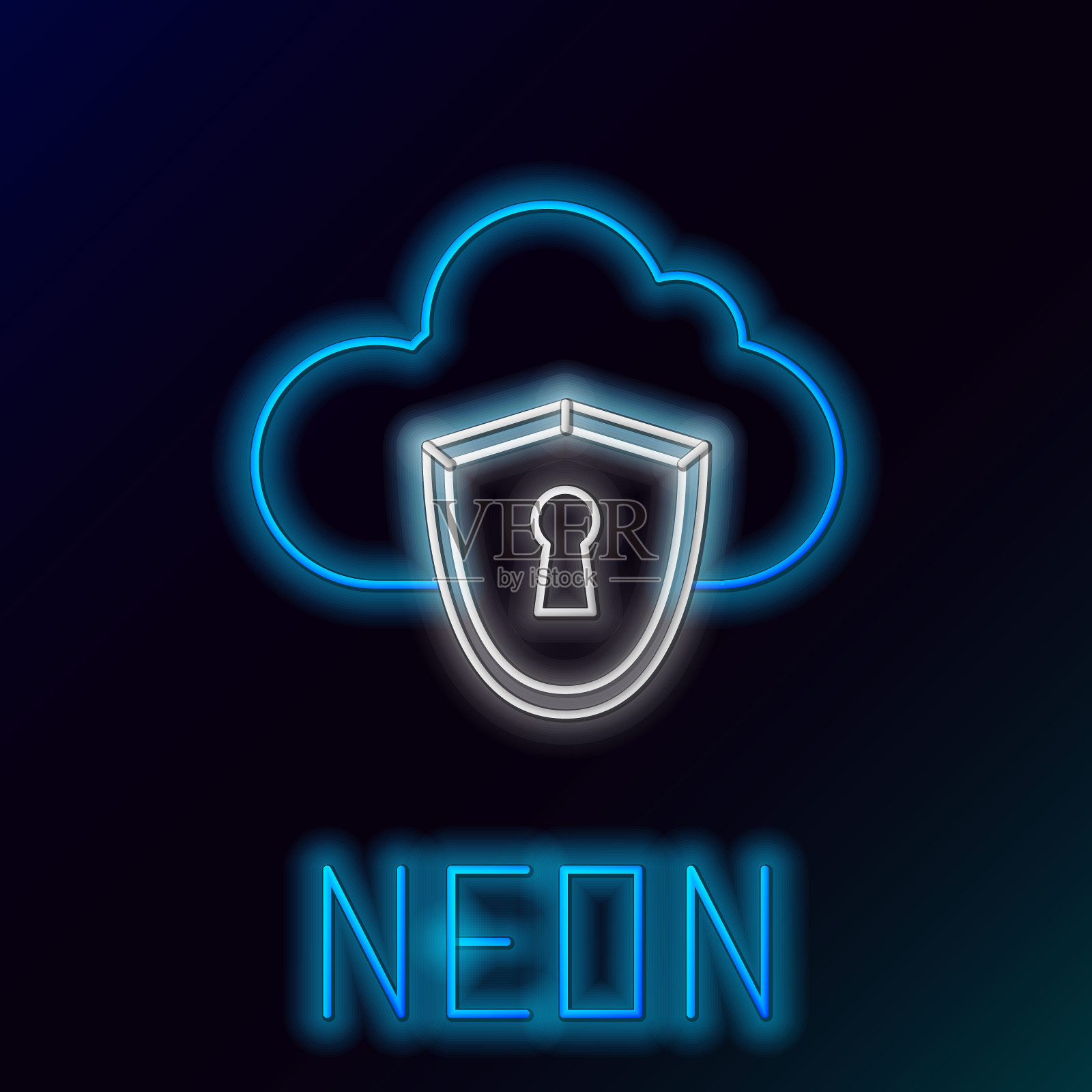 蓝色发光的霓虹线云和盾牌图标孤立在黑色背景。云存储数据保护。安全、安全、保护、隐私的理念。色彩斑斓的轮廓的概念。矢量图插画图片素材