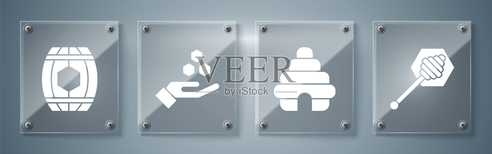 放置蜂蜜勺，蜂箱，蜂房，手，木桶和蜂蜜。方形玻璃面板。向量插画图片素材