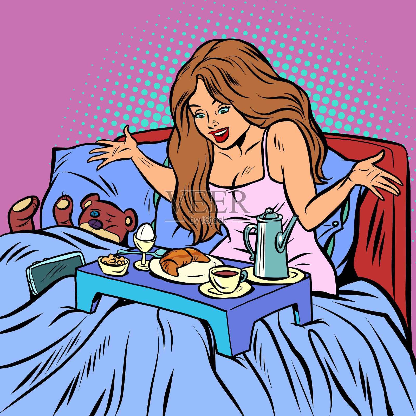女人在床上吃早餐插画图片素材