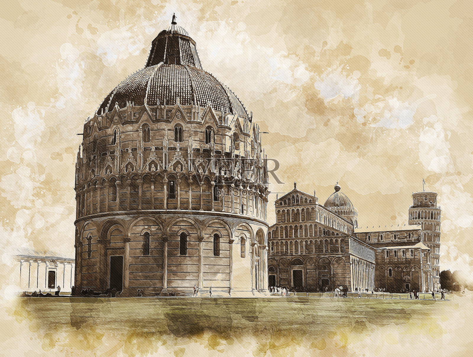 洗礼堂，大教堂或大教堂，比萨斜塔，素描插画图片素材