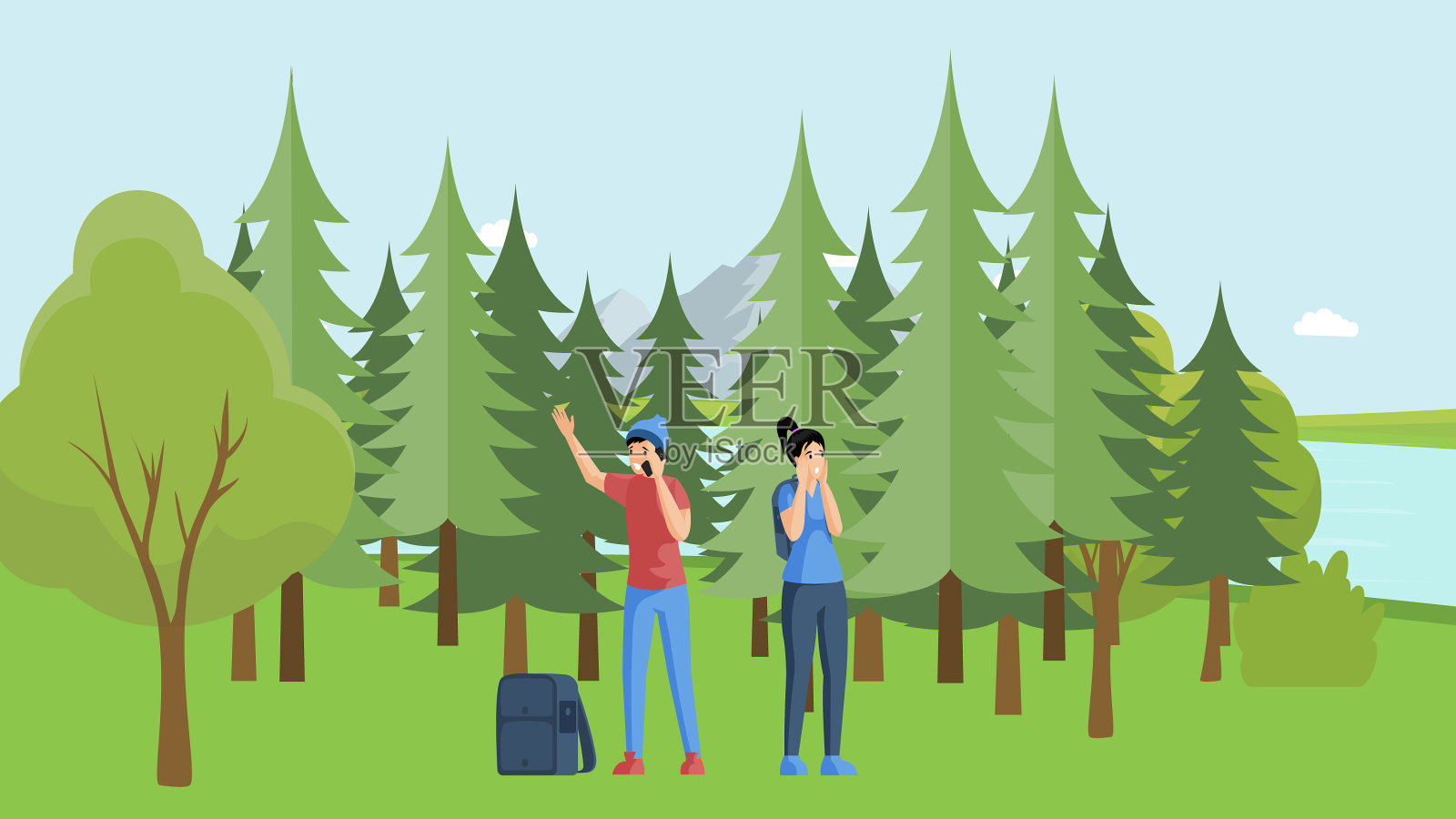 年轻的露营者迷失在森林里，人们毫不知情插画图片素材