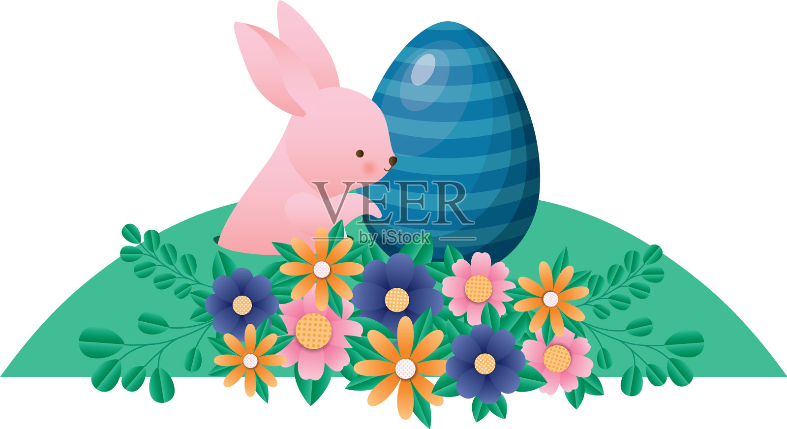 带着蛋花和树叶的复活节兔子快乐插画图片素材