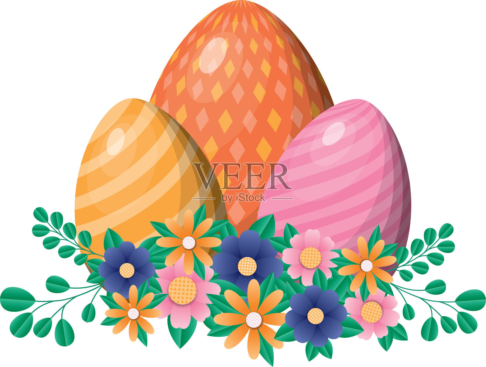 带着花和叶的复活节彩蛋快乐插画图片素材