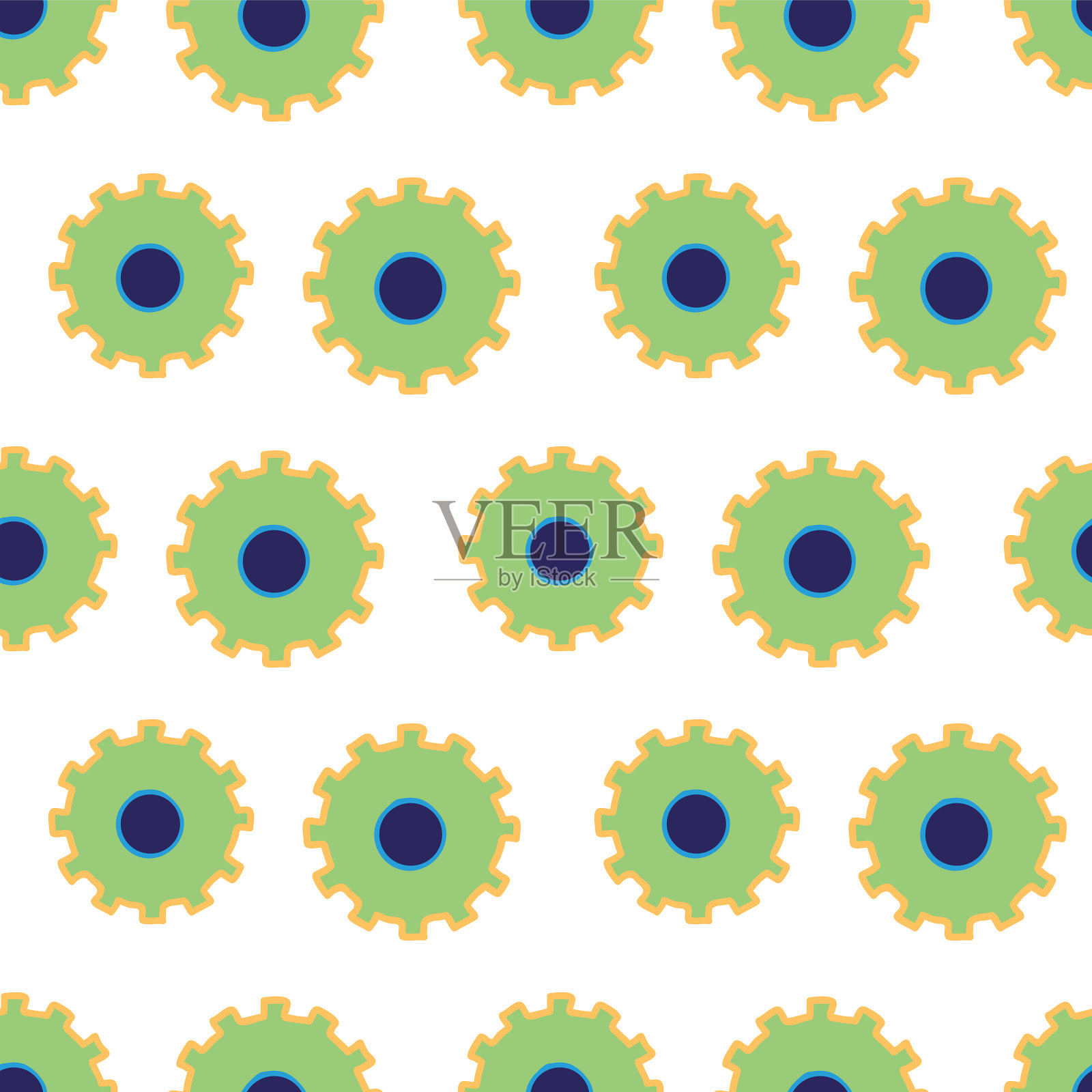 整齐有序的绿色和蓝色齿轮上的白色插画图片素材