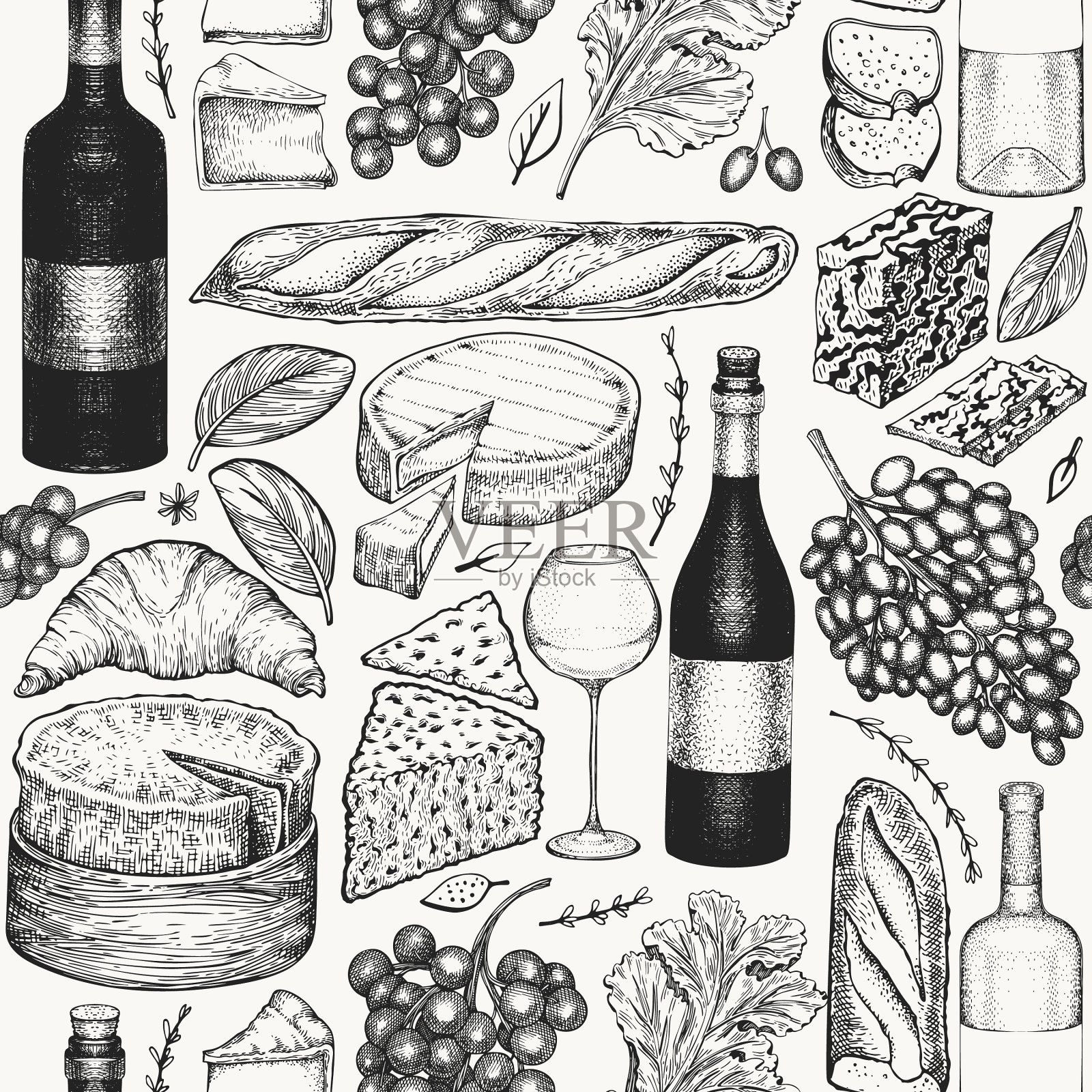 法式美食无缝图案手绘野餐插画图片素材