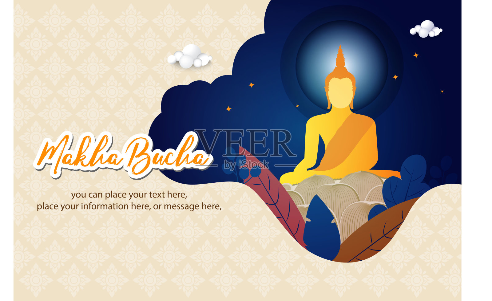 卫塞天旗帜框架大佛雕像框架载体背景-寺庙宗教泰国文化插画图片素材