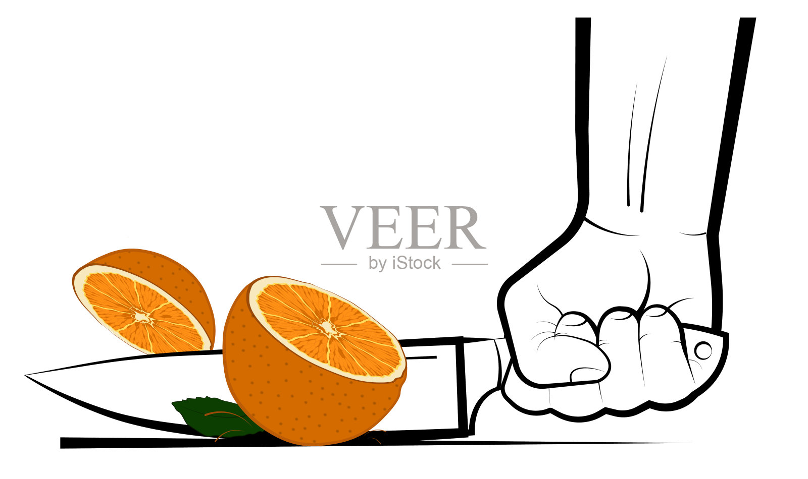 他的手用一把大刀切着一个熟透多汁的橙子。准备维他命鸡尾酒。素食。横幅,海报。明亮的夏季设计元素上的白色背景插画图片素材