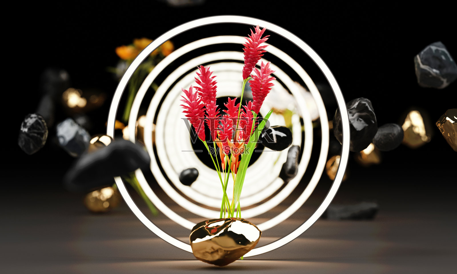 明亮的发光几何形状，霓虹赛博朋克背景与红色的鲜花3d渲染照片摄影图片