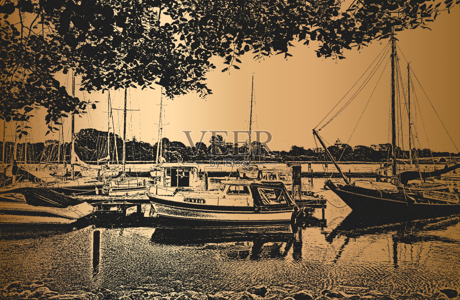 停泊着帆船和游艇的港口。海景观。插画图片素材