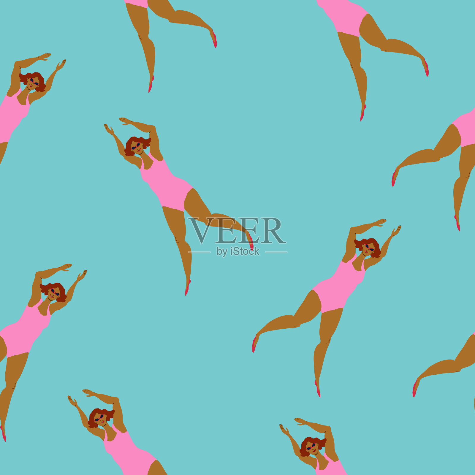 复古女孩游泳在大海矢量无缝模式插画图片素材