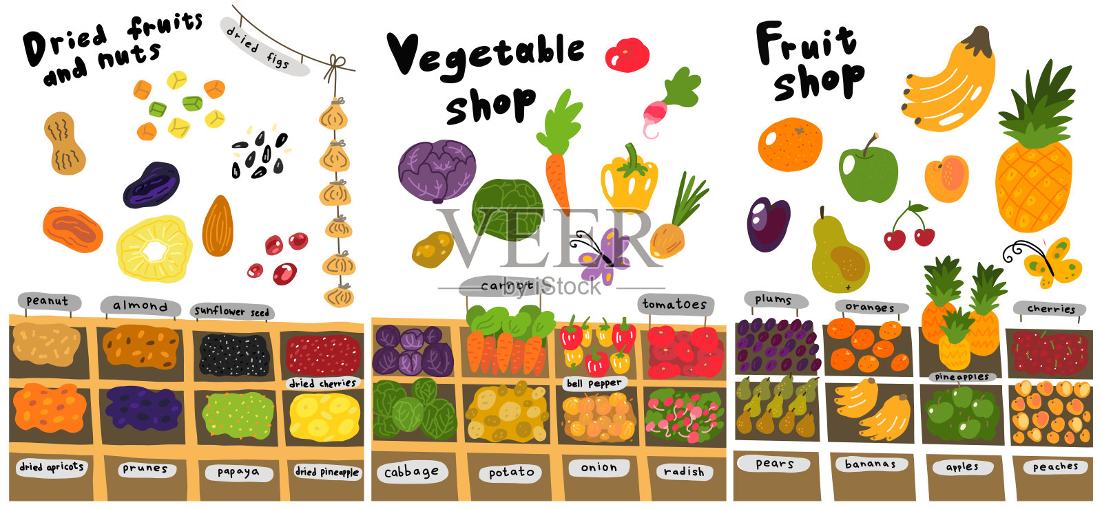 街市场草图。水果蔬菜店套装。手绘。矢量卡通彩色插图。插画图片素材