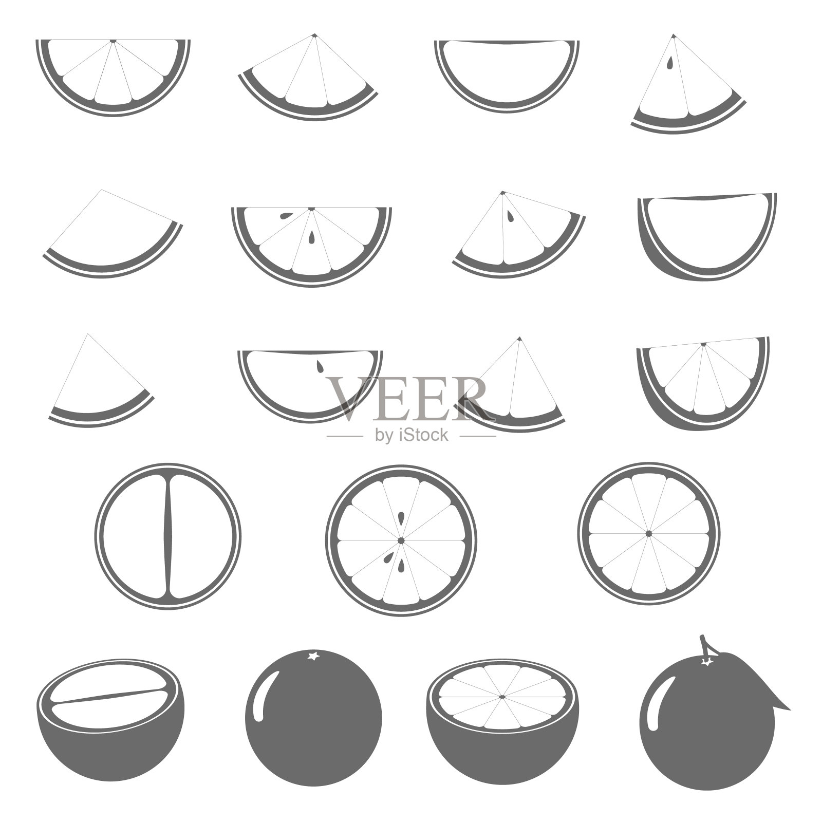 灰色柑橘片-橙色，葡萄柚，图标设置，孤立在白色背景，矢量插图。插画图片素材