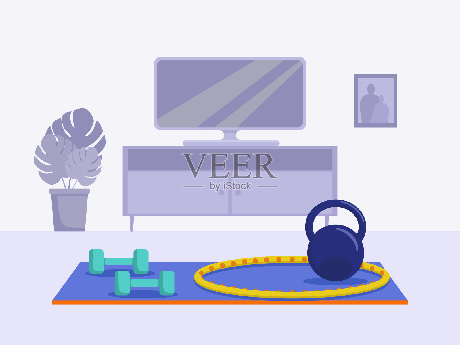 家体育器材。壶铃，哑铃，呼啦圈。插画图片素材