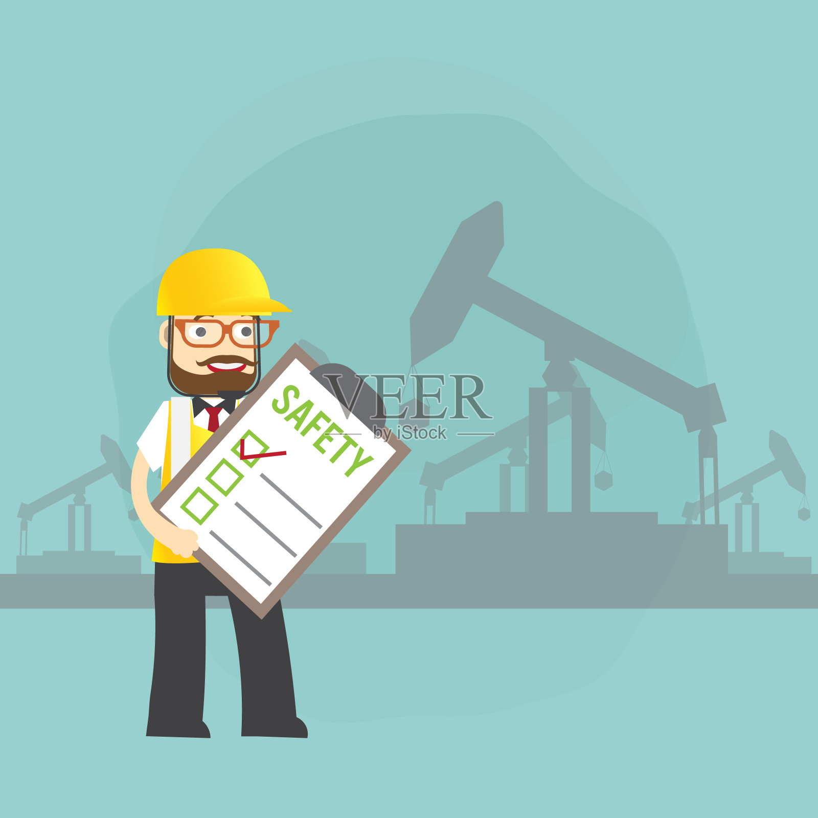 安全检查员手持工业油厂检查表站在安全第一纸前检查工作场所的安全第一概念插画图片素材