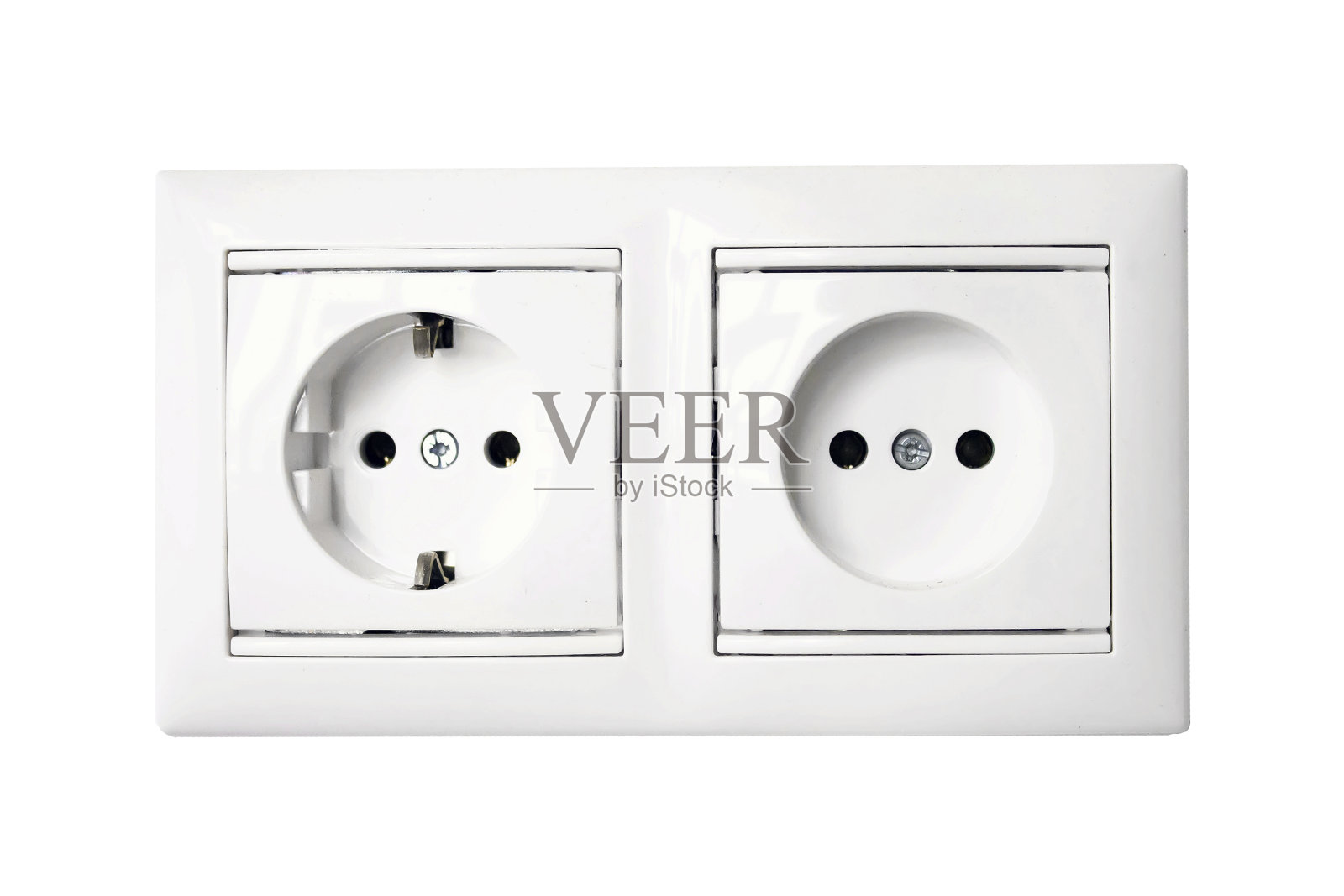 白色欧洲双电源插座，白色背景，孤立。概念电力和极简主义。照片摄影图片