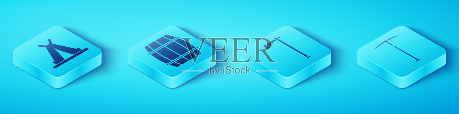 设置等距的印第安帐篷或棚屋，木桶，鹤嘴锄和战斧斧图标。向量图标素材