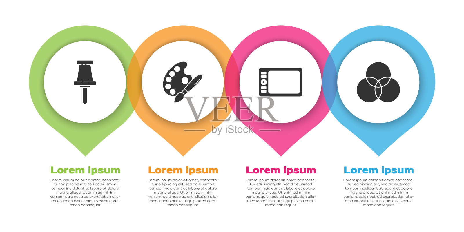设置推针，油漆刷与调色板，图形板和RGB和CMYK颜色混合。业务信息模板。向量设计模板素材