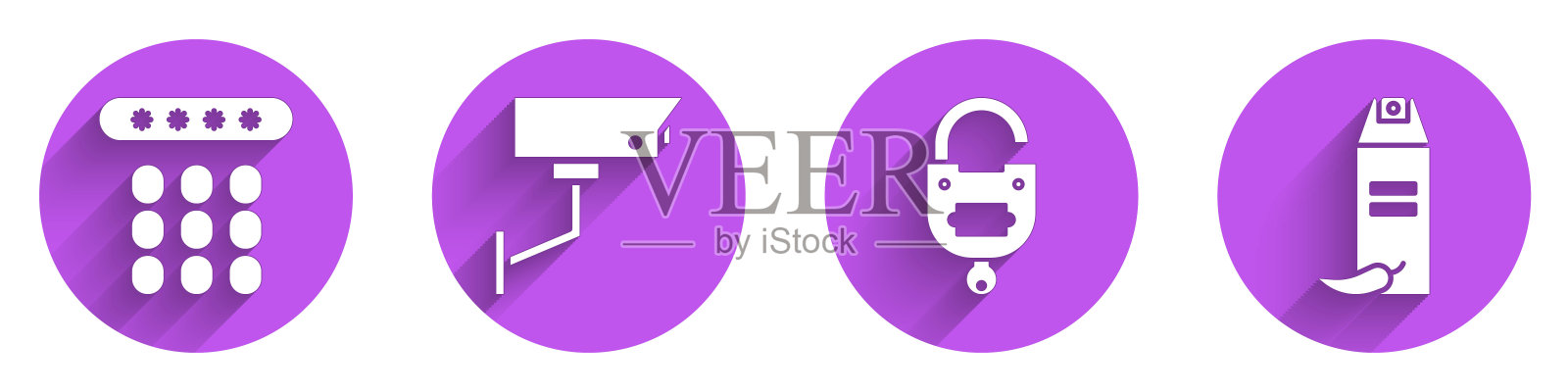 设置密码保护，安全摄像头，锁和钥匙和胡椒喷雾长阴影图标。向量插画图片素材