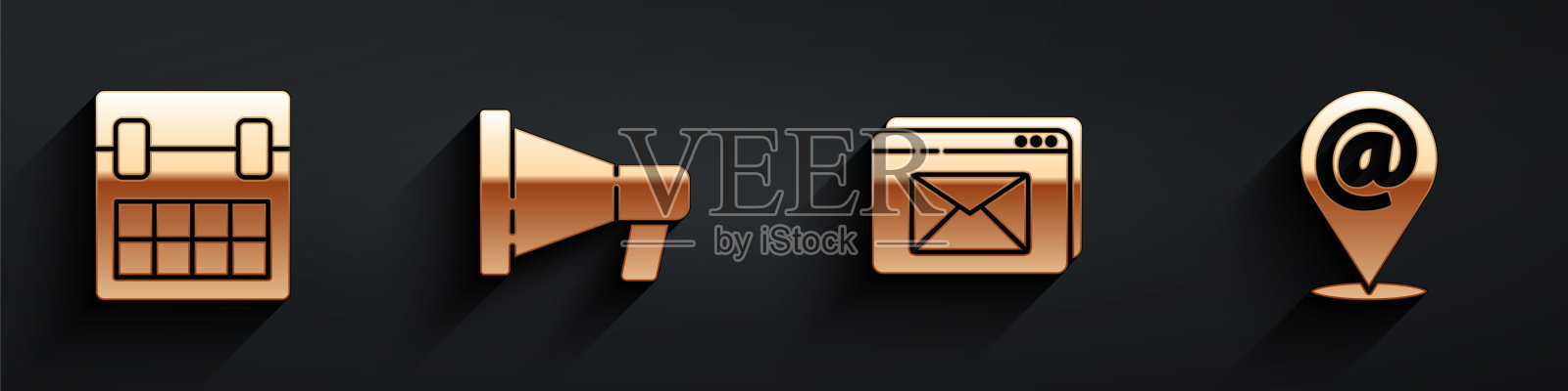 设置日历，扩音器，网站和信封和位置，邮件和电子邮件图标与长影子。向量图标素材