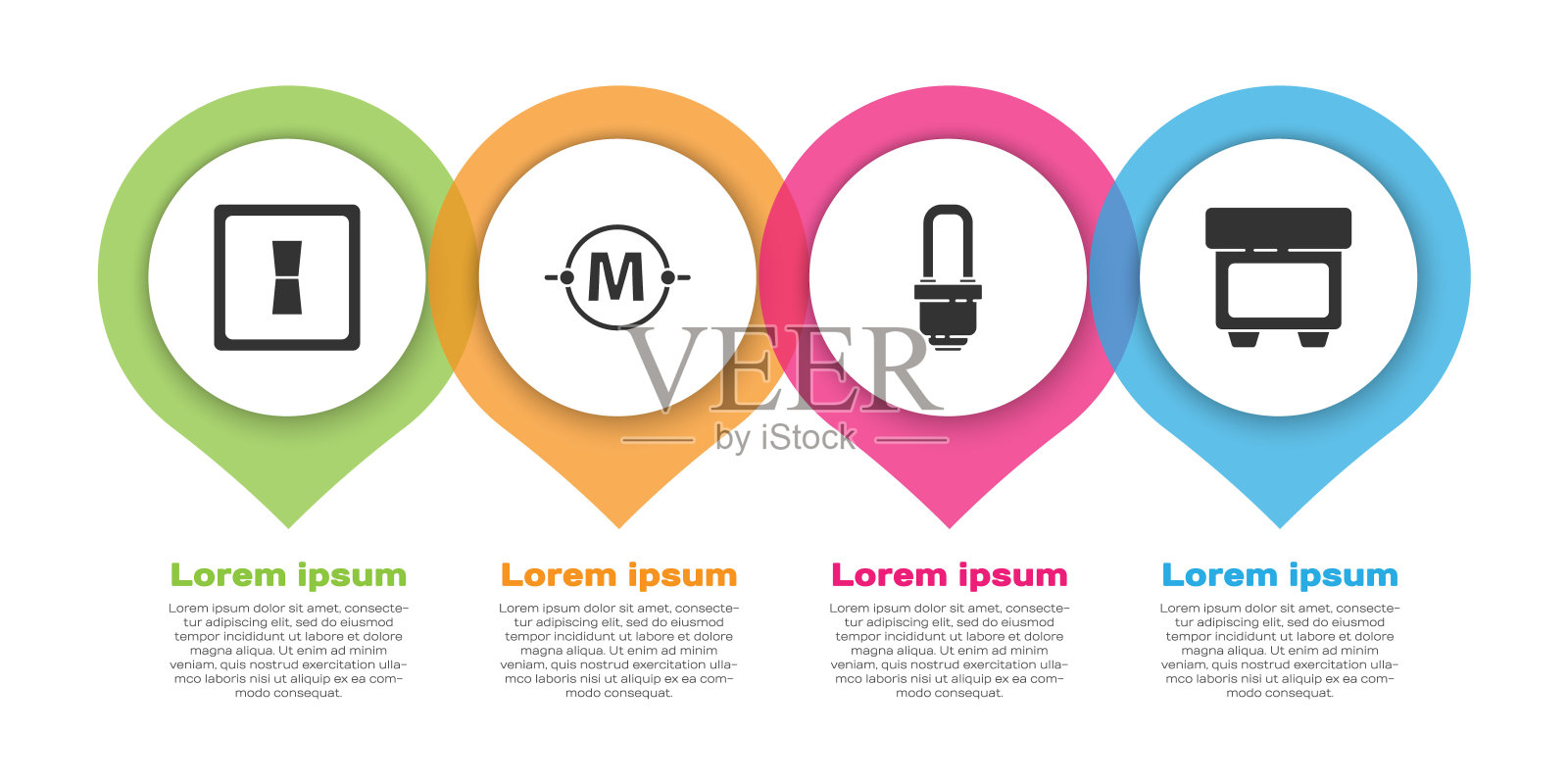 设置电灯开关、电路方案、LED灯泡、保险丝。业务信息模板。向量设计模板素材