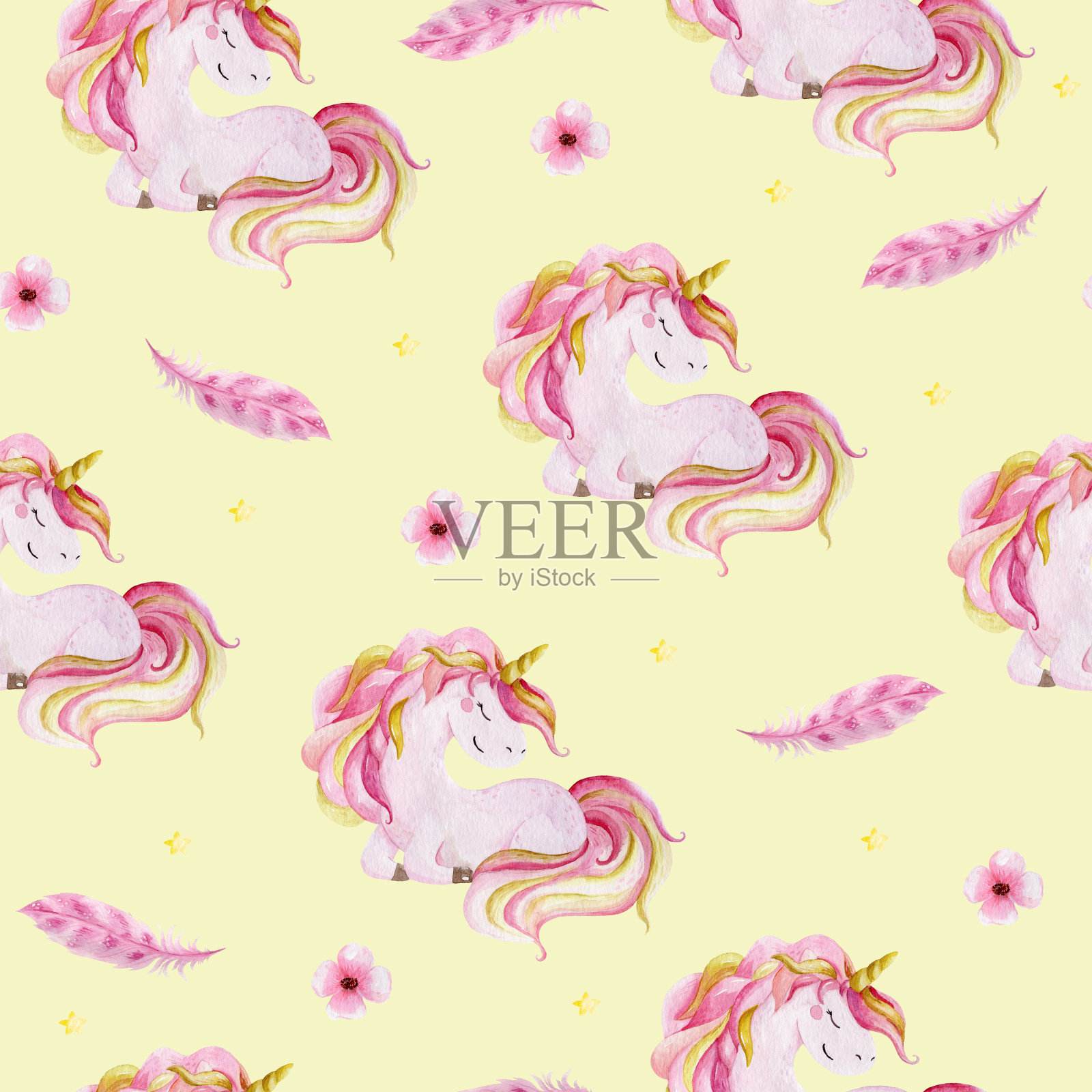 可爱的独角兽水彩无缝图案。托儿所独角兽插图。插画图片素材