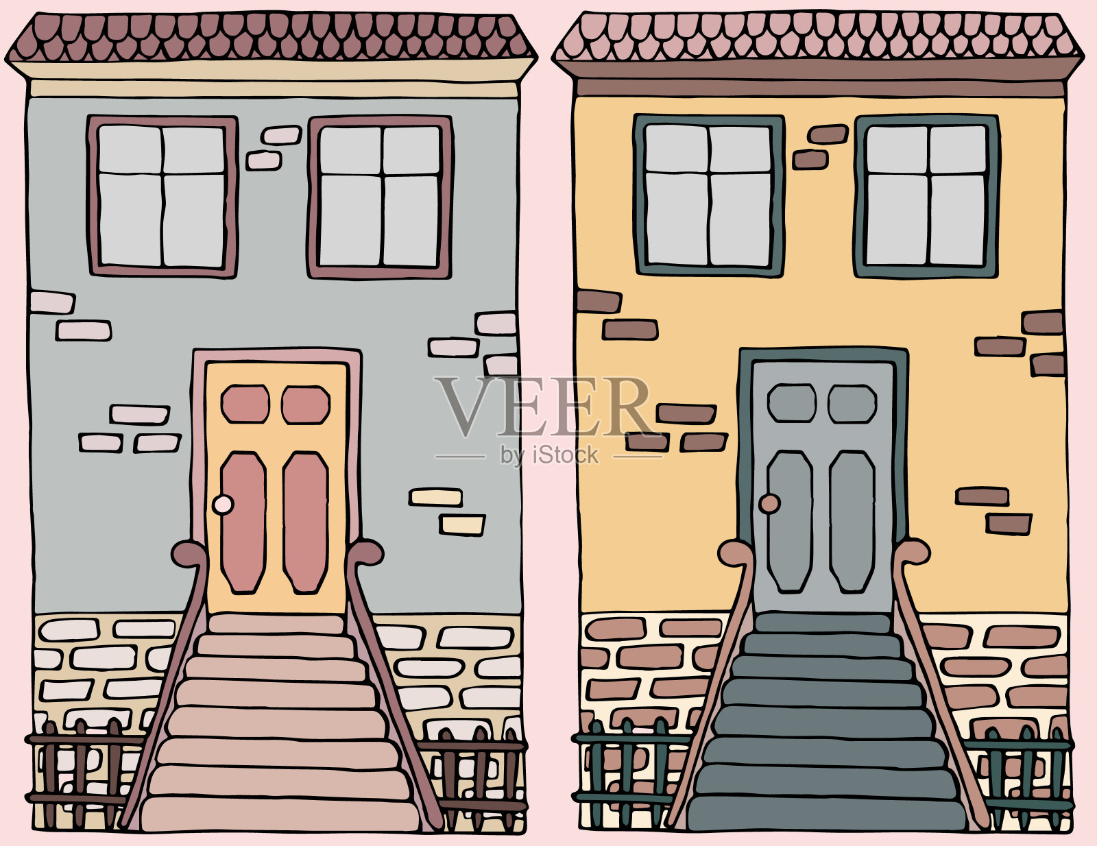 布鲁克林风格的房子。老房子。矢量插图。插图的城市景观与联排别墅。插图的城市景观与联排别墅。布鲁克林街景。设计元素图片