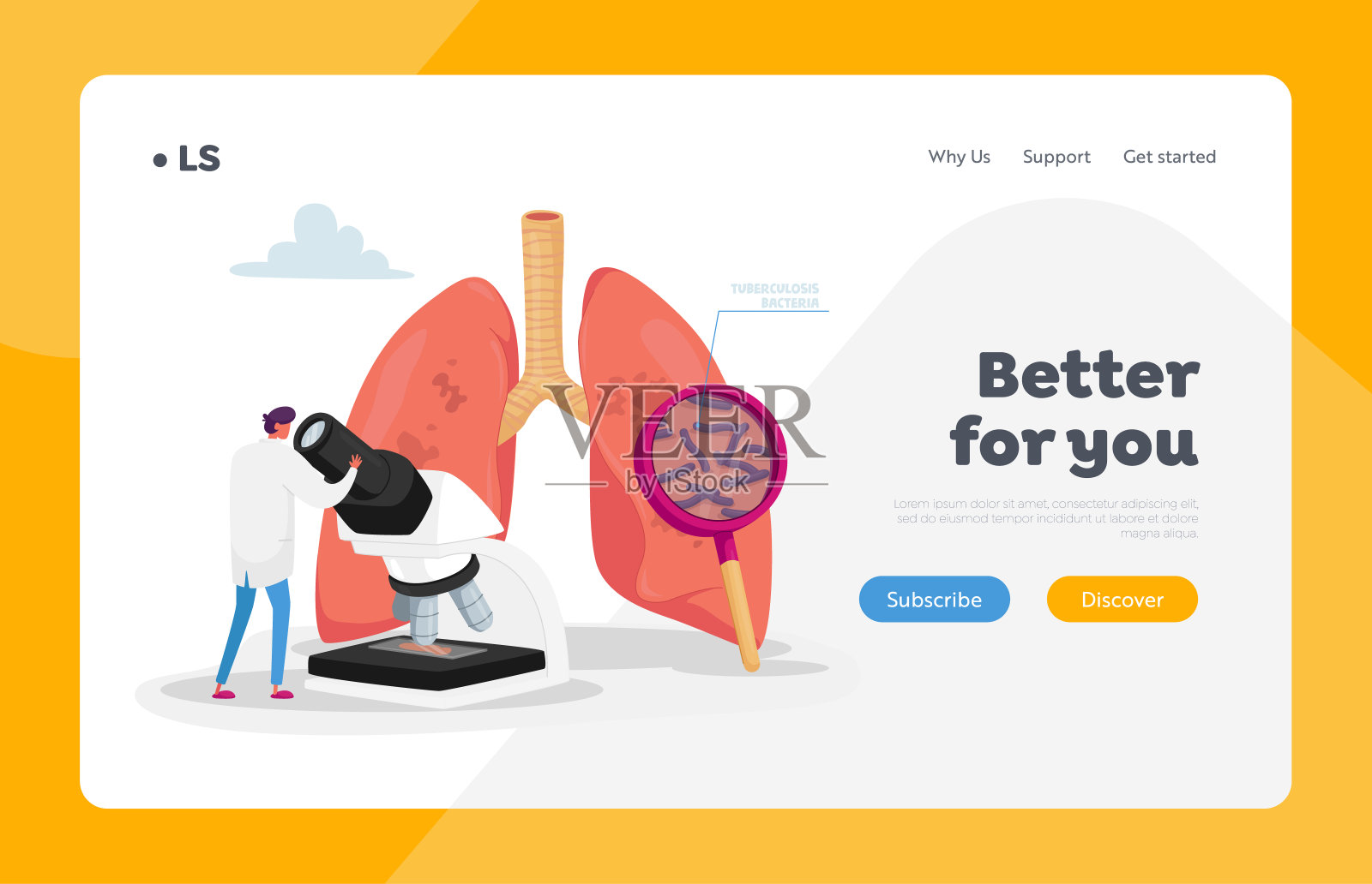 纤维化结核肺炎诊断登陆页面模板。肺科上小医生对显微镜观察学习微生物，检查肺痰。卡通矢量图插画图片素材