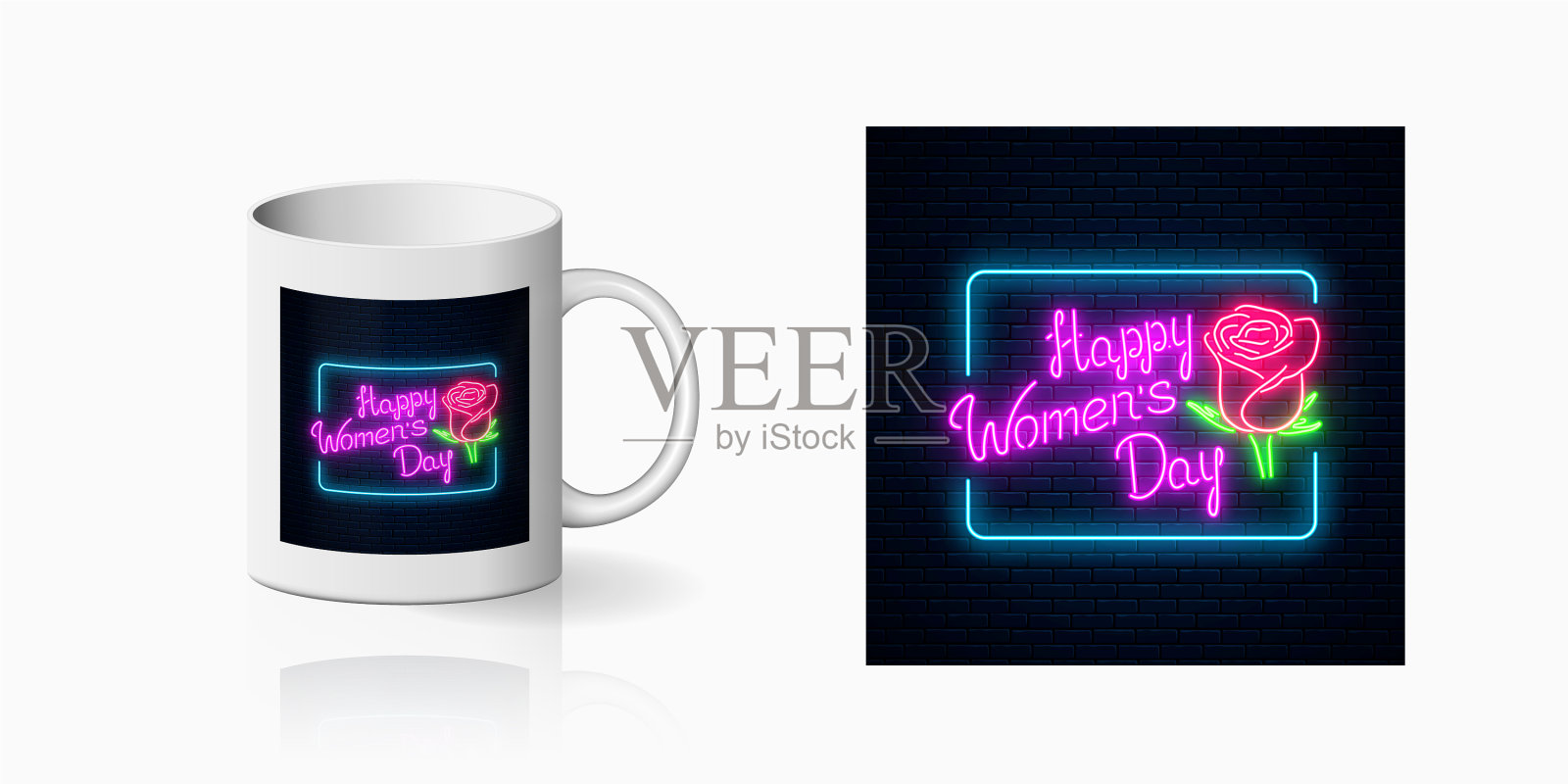 霓虹世界妇女节标志用玫瑰印花为插画图片素材