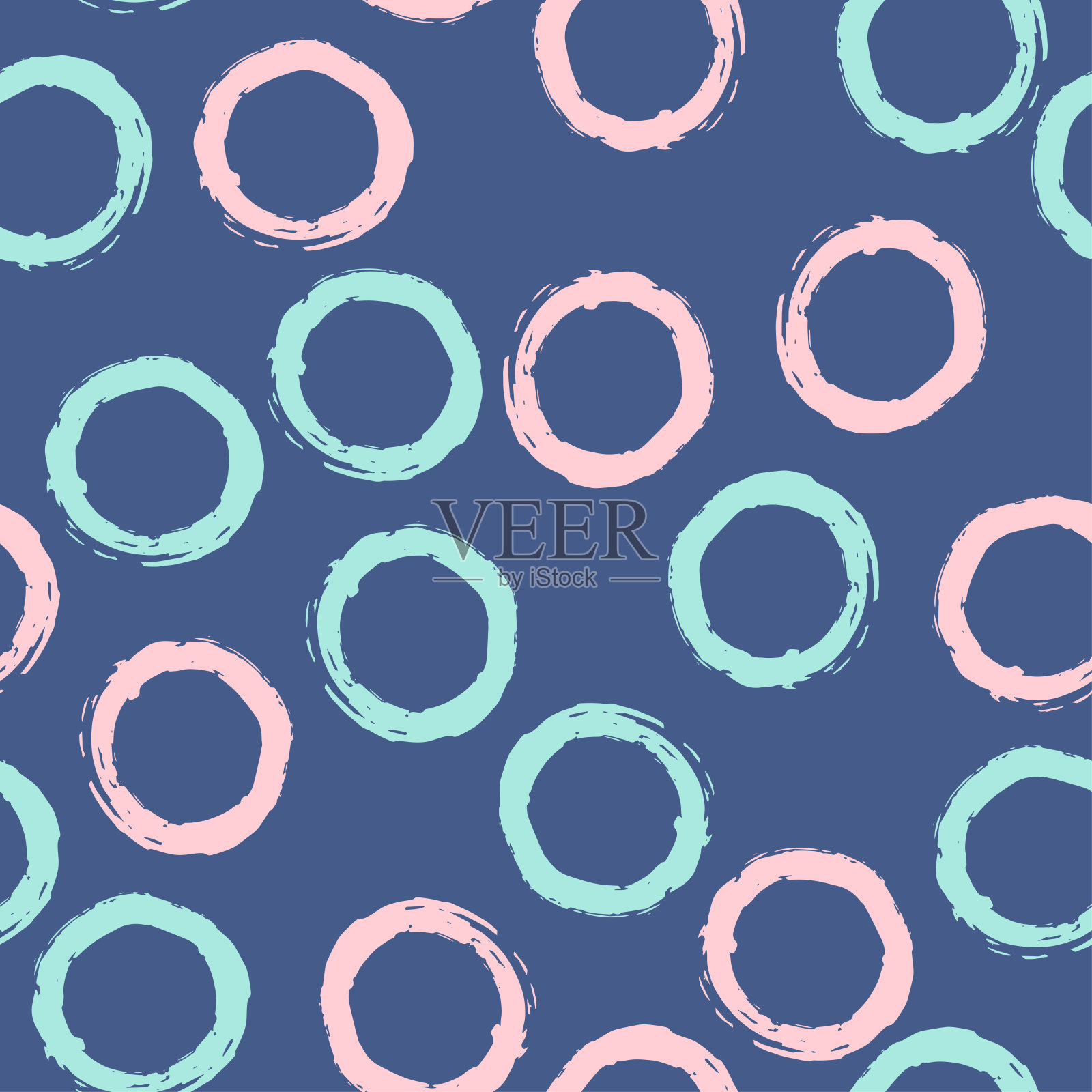 无缝图案与粉红色和蓝色的圆圈在深蓝色的背景。矢量设计的纺织品，背景，衣服，包装纸，网站和墙纸。时尚插画无缝图案。插画图片素材