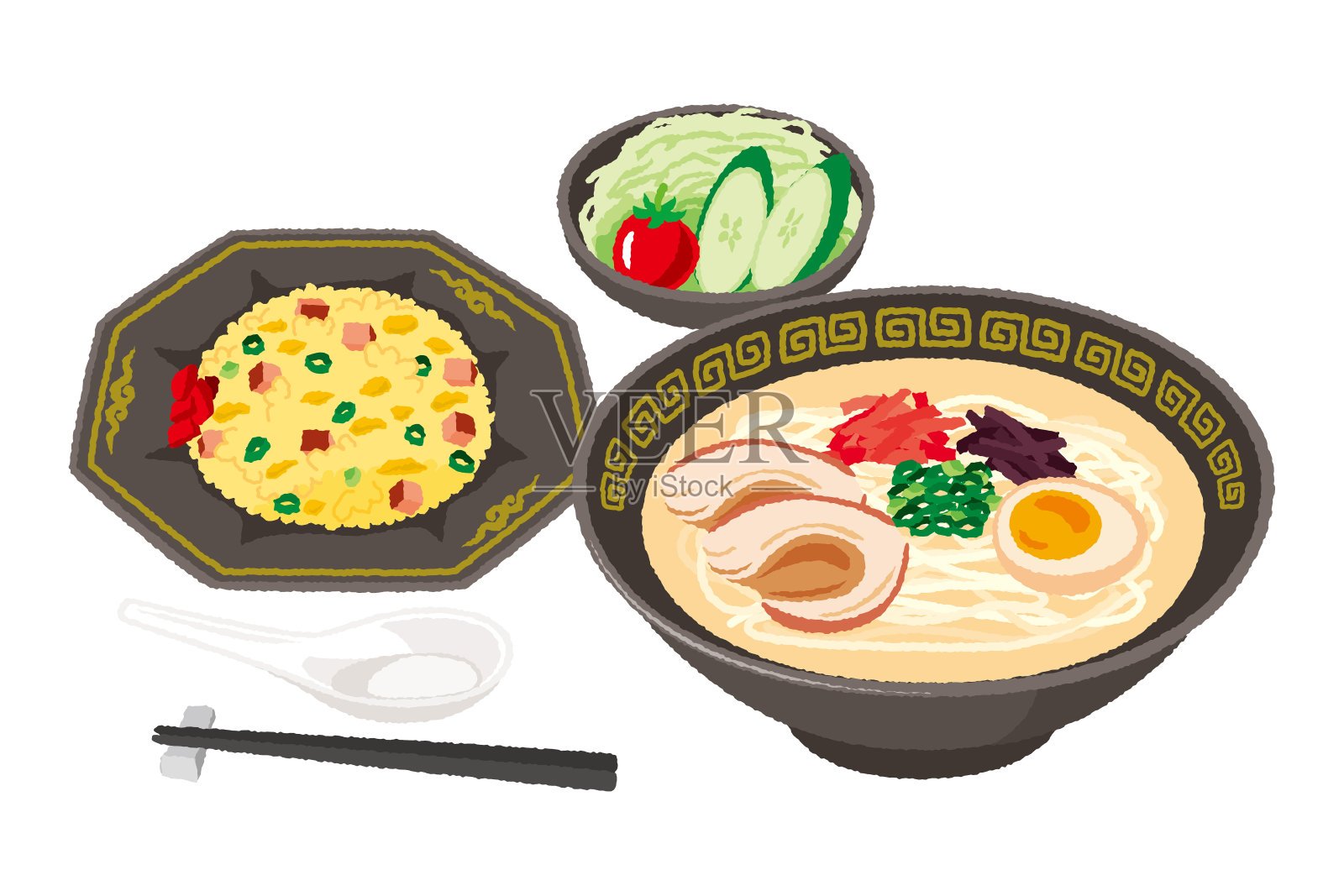 一套豚骨拉面和炒饭的插图插画图片素材