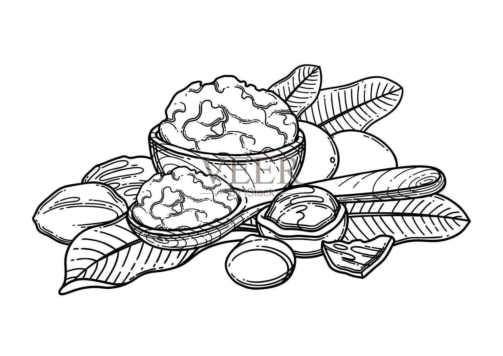 木碗和木勺内的乳木果植物和黄油的图形构图插画图片素材