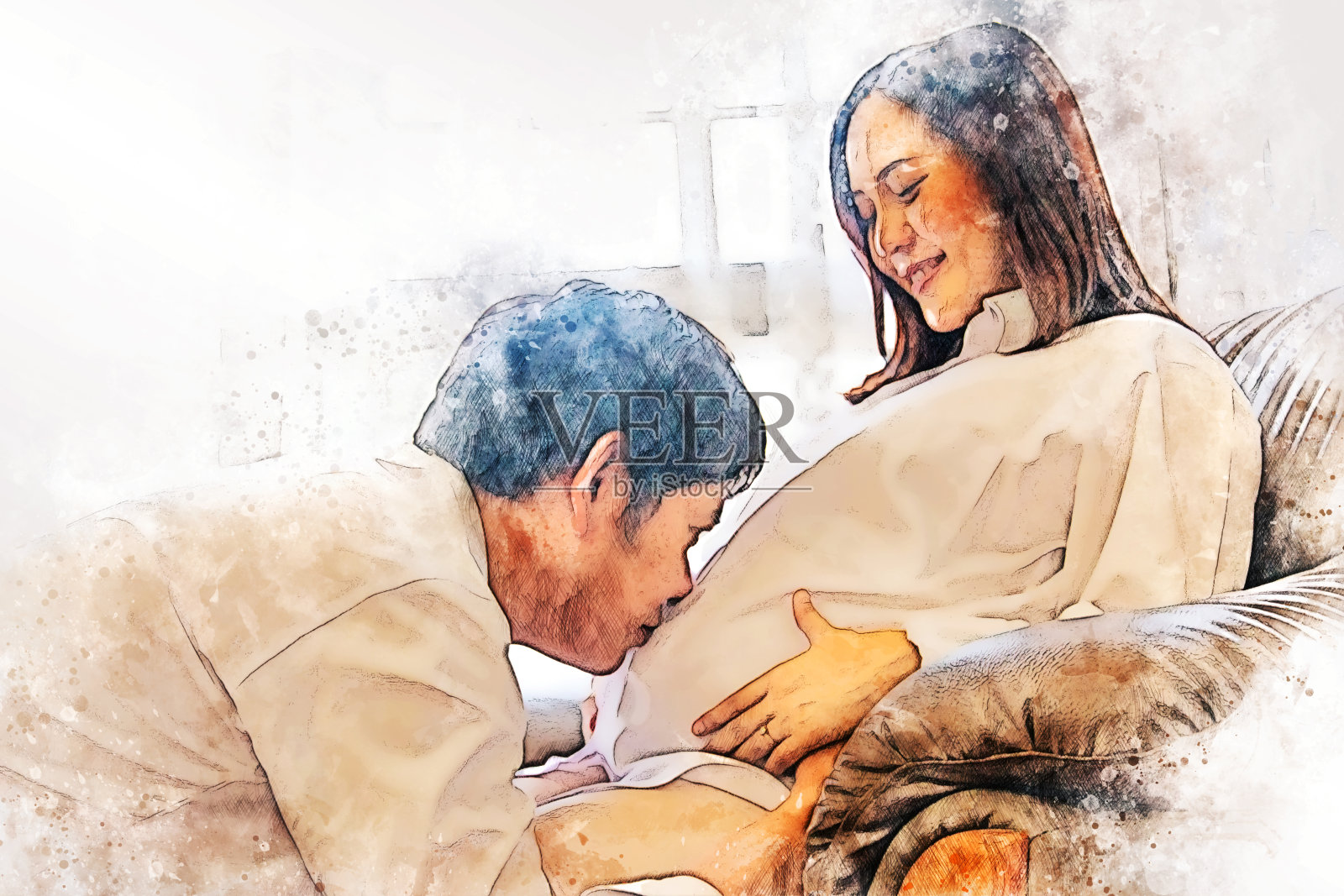 抽象彩色的幸福孕妇与丈夫和拥抱在白色的背景上的水彩插图画的背景。照片摄影图片