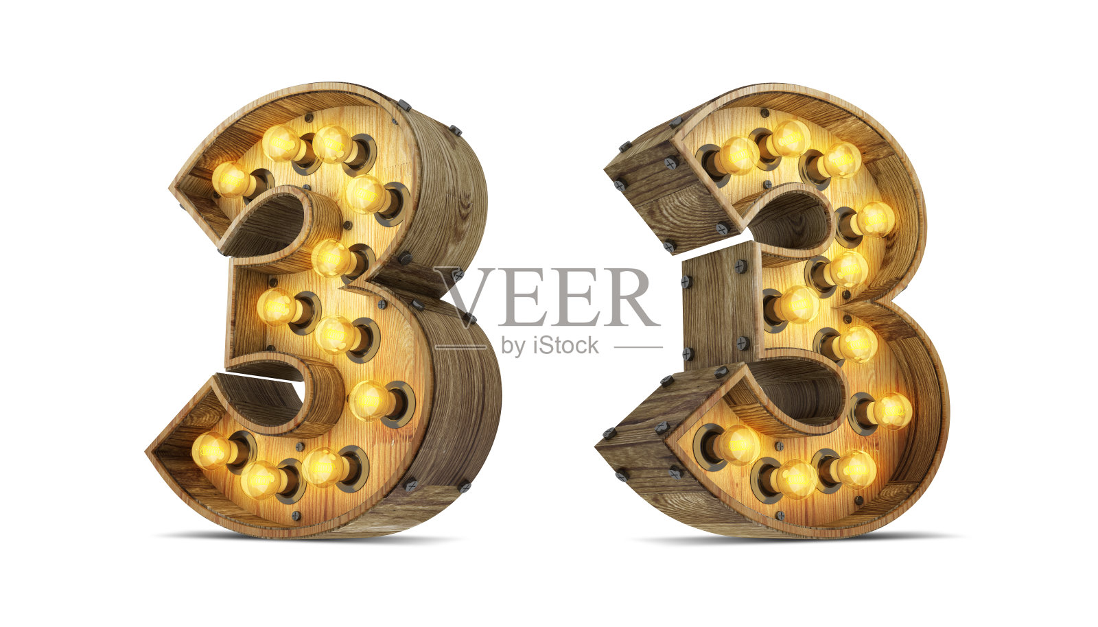 木材编号灯泡3d渲染插图与剪切路径。照片摄影图片