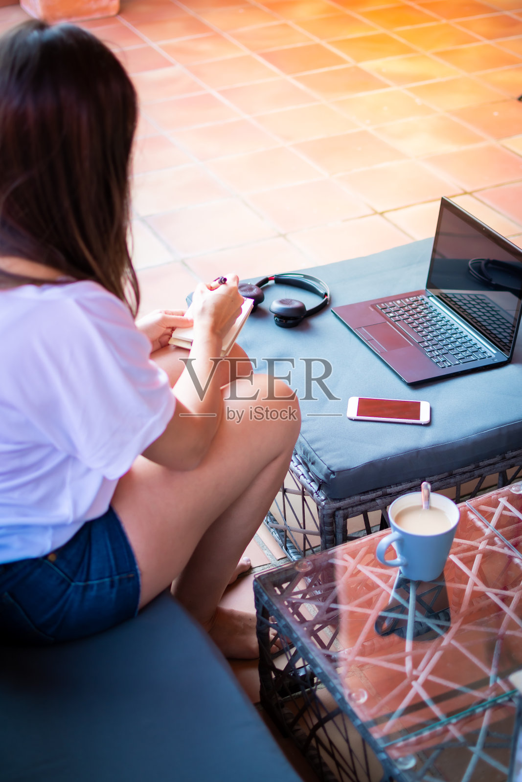 一个坐在沙发上拿着笔记本电脑的漂亮女孩，一个在度假的女人，一个在找工作的女人照片摄影图片