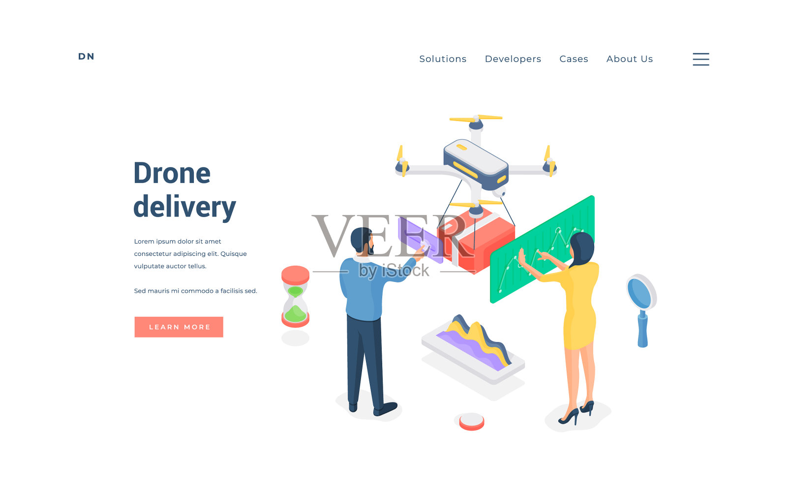 人们使用无人机送货服务等距插画图片素材