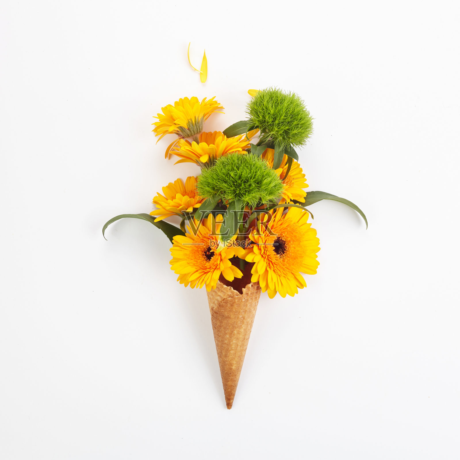 奶油华夫饼里的橙绿花朵。俯视图，平放照片摄影图片