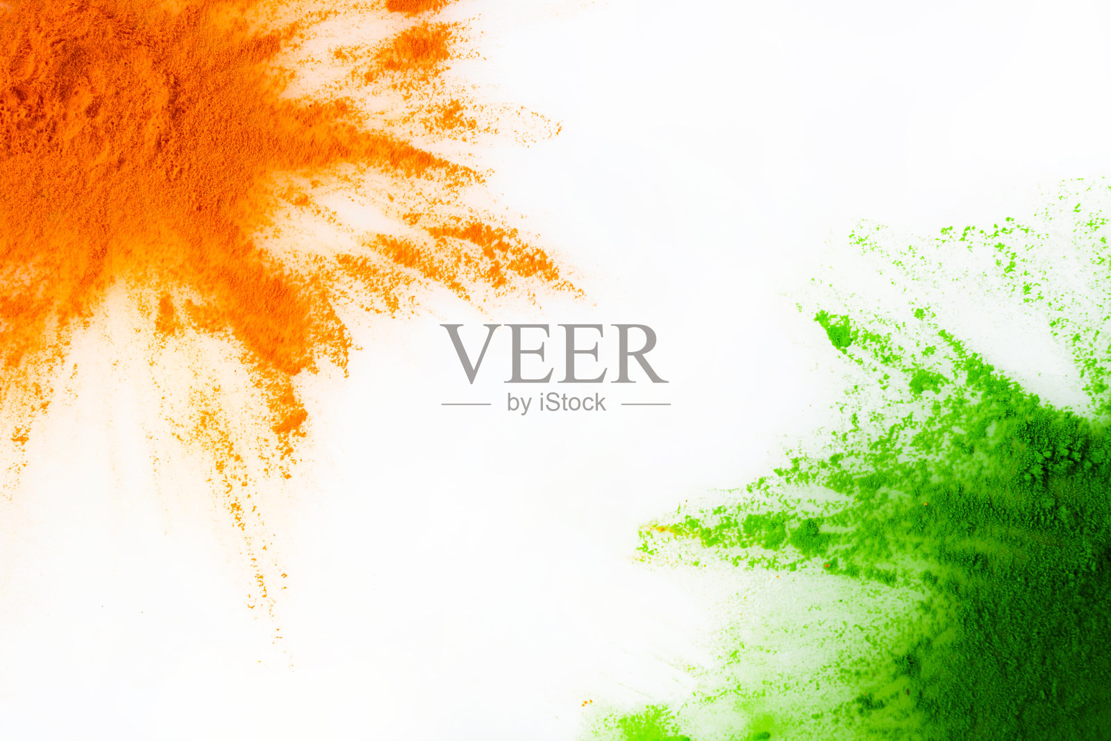 橙色和绿色粉末飞溅。印度独立日的概念，8月15日。照片摄影图片