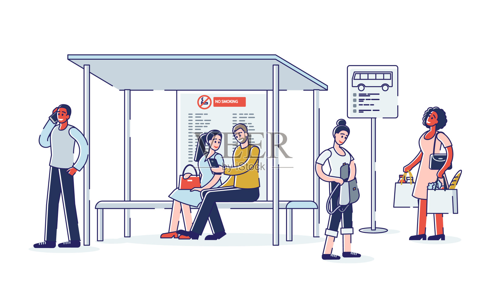 汽车站上的一群人。各种卡通人物在车站等车插画图片素材
