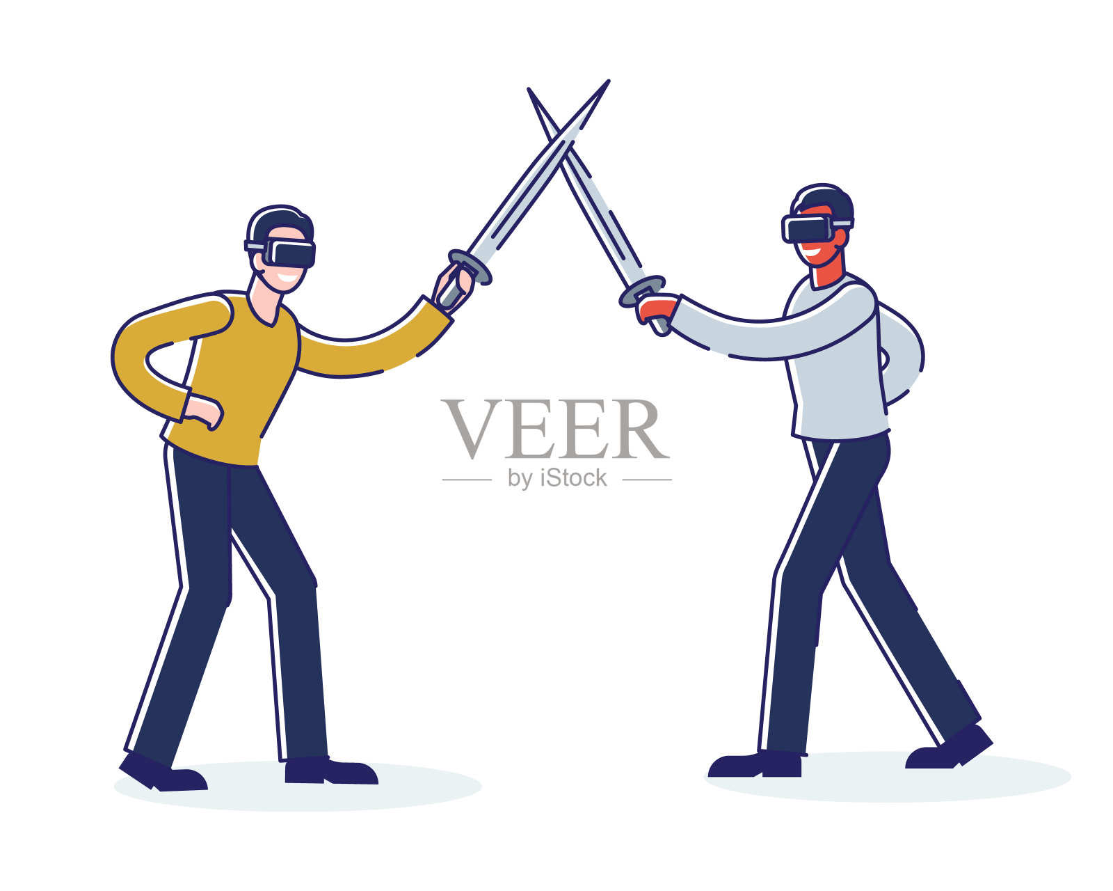 戴着现代虚拟现实眼镜的男人在草地上打架。游戏仿真技术概念插画图片素材