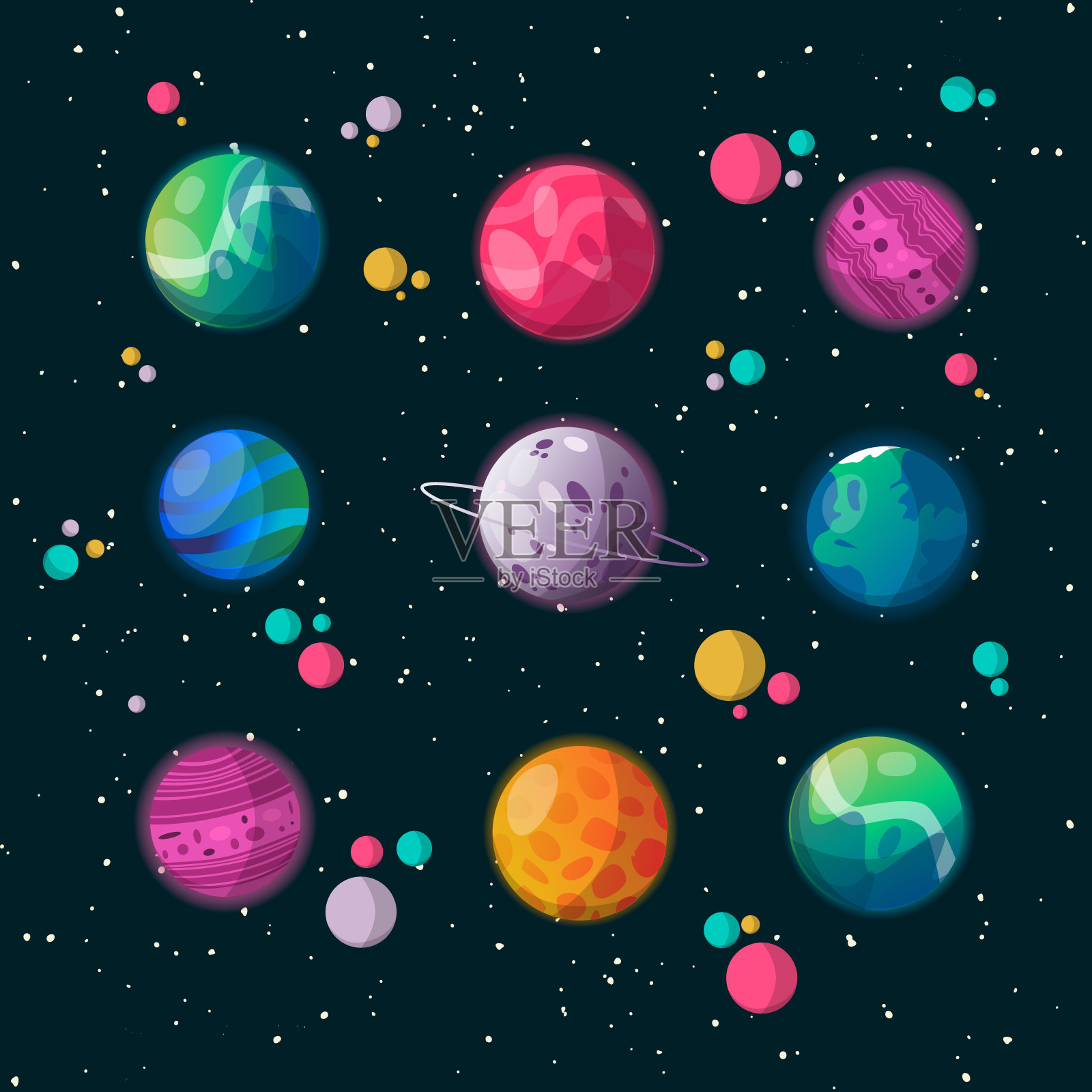 卡通风格多彩的行星设置插画图片素材