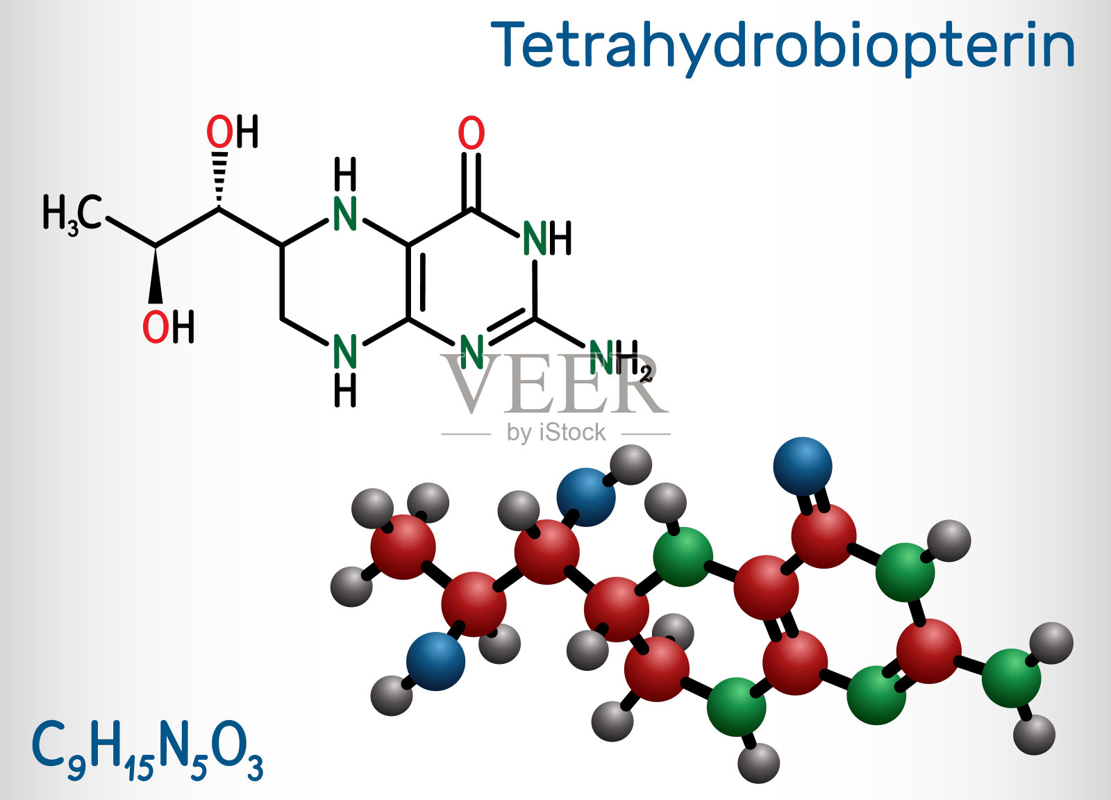 四氢生物蝶呤，BH4, THB，沙丙蝶呤分子。它具有辅酶、诊断试剂、人体代谢物、辅助因子等作用。结构化学式和分子模型插画图片素材