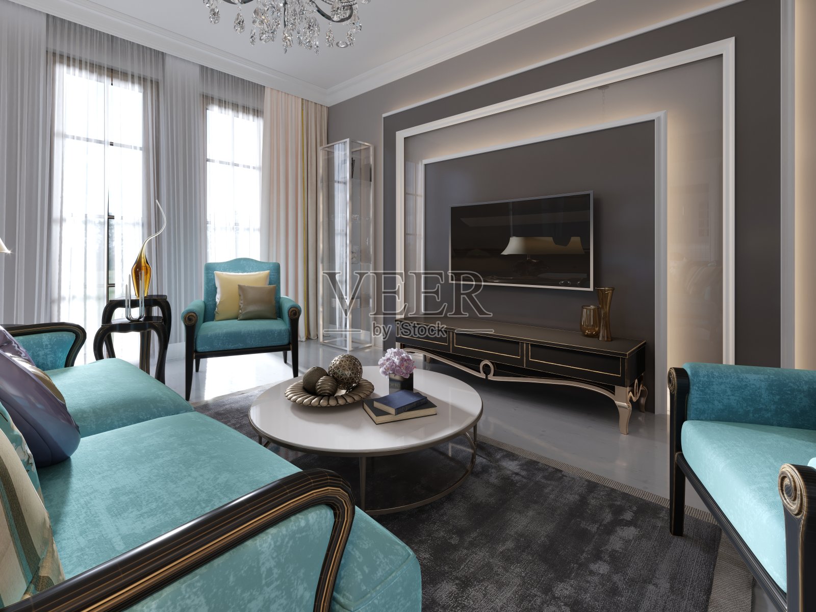 现代电视单元，电视架在客厅装饰艺术风格。玻璃架子和架子。照片摄影图片