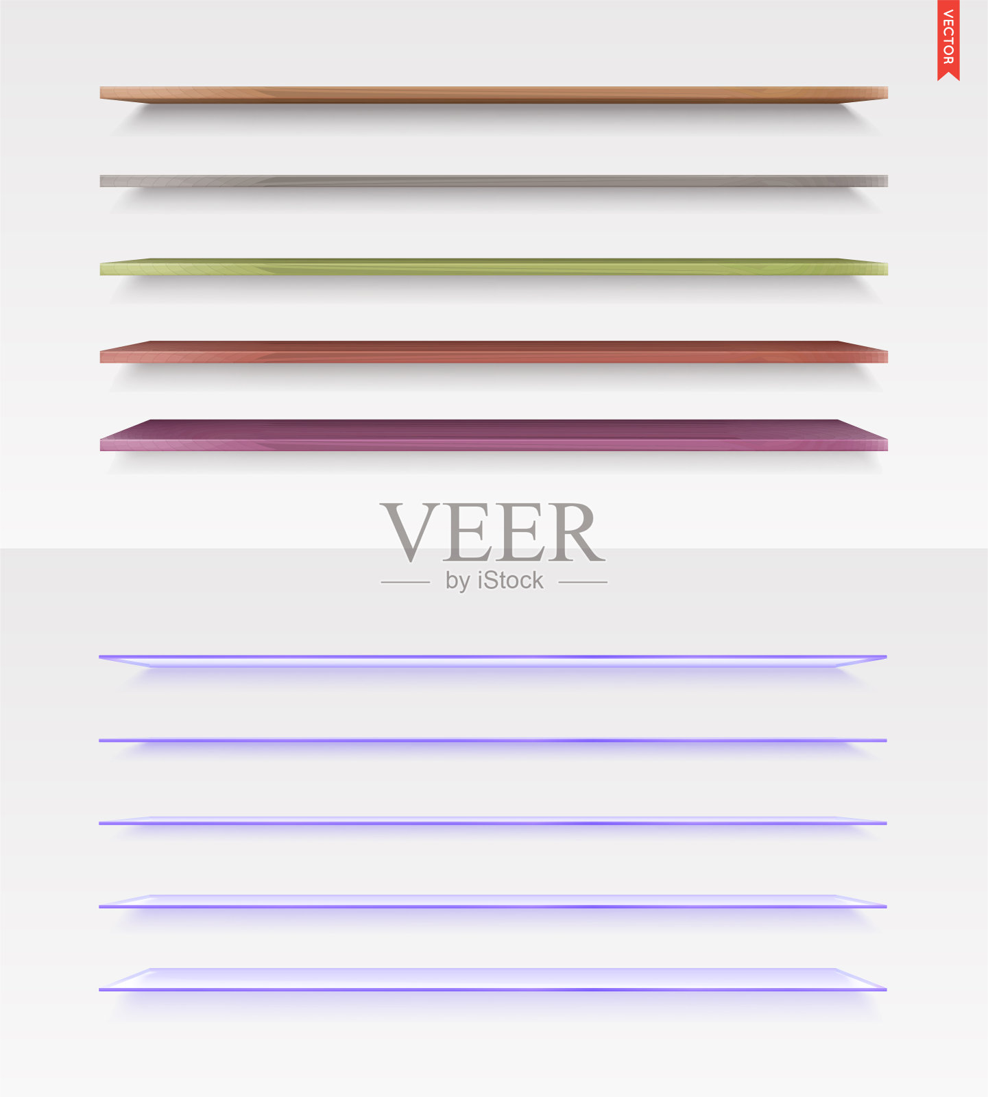 一套玻璃，木材，塑料，金属长货架向量隔离在墙壁背景插画图片素材