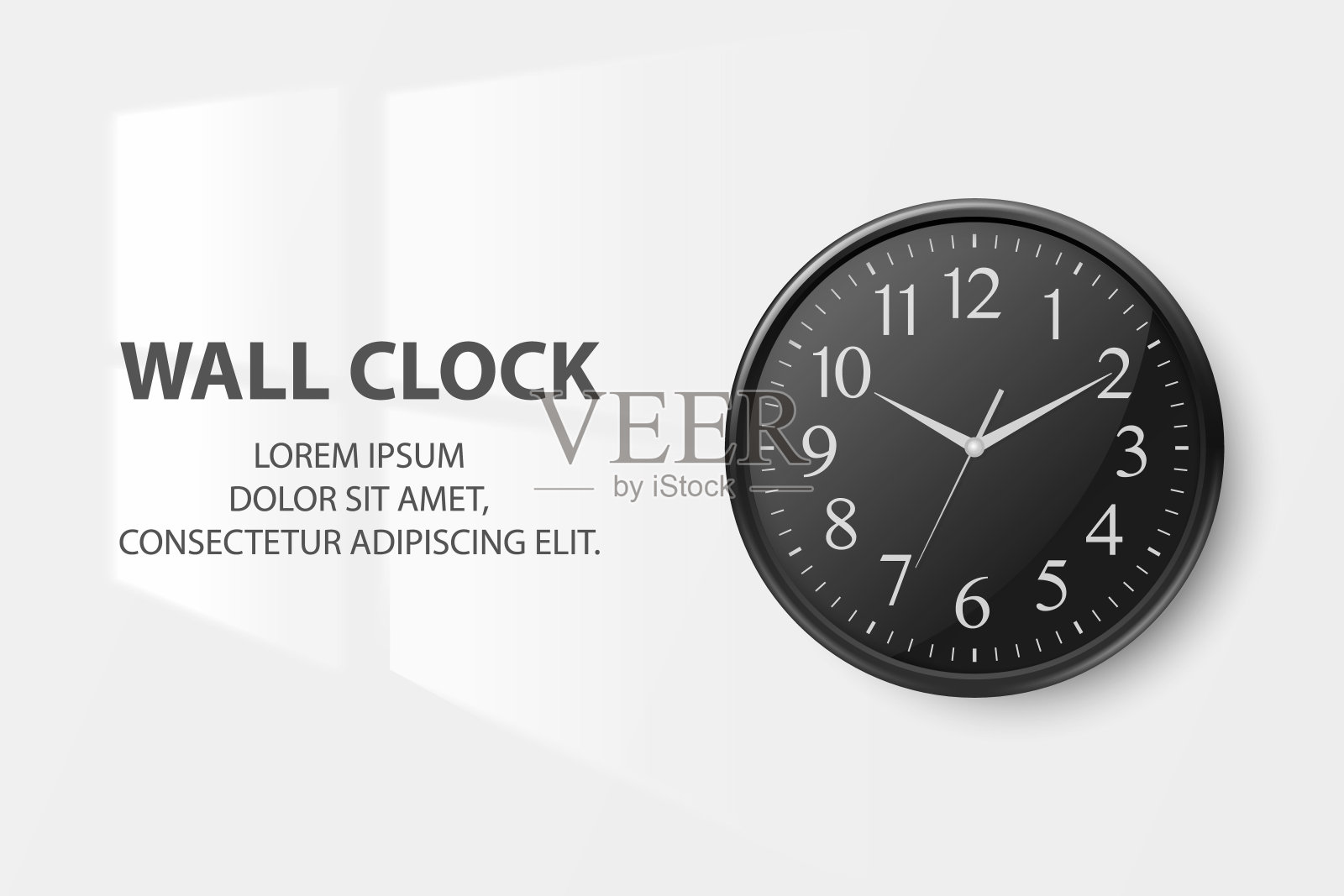 矢量3d现实简单的圆形黑色墙壁办公室时钟与黑色拨号特写孤立在白色背景。设计模板，模型的品牌，广告。前视图插画图片素材