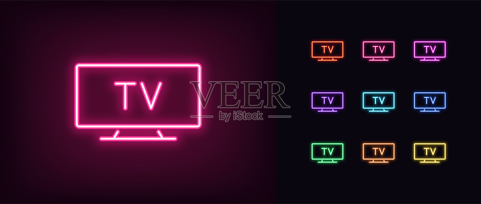 霓虹电视图标，发光宽屏电视显示器插画图片素材