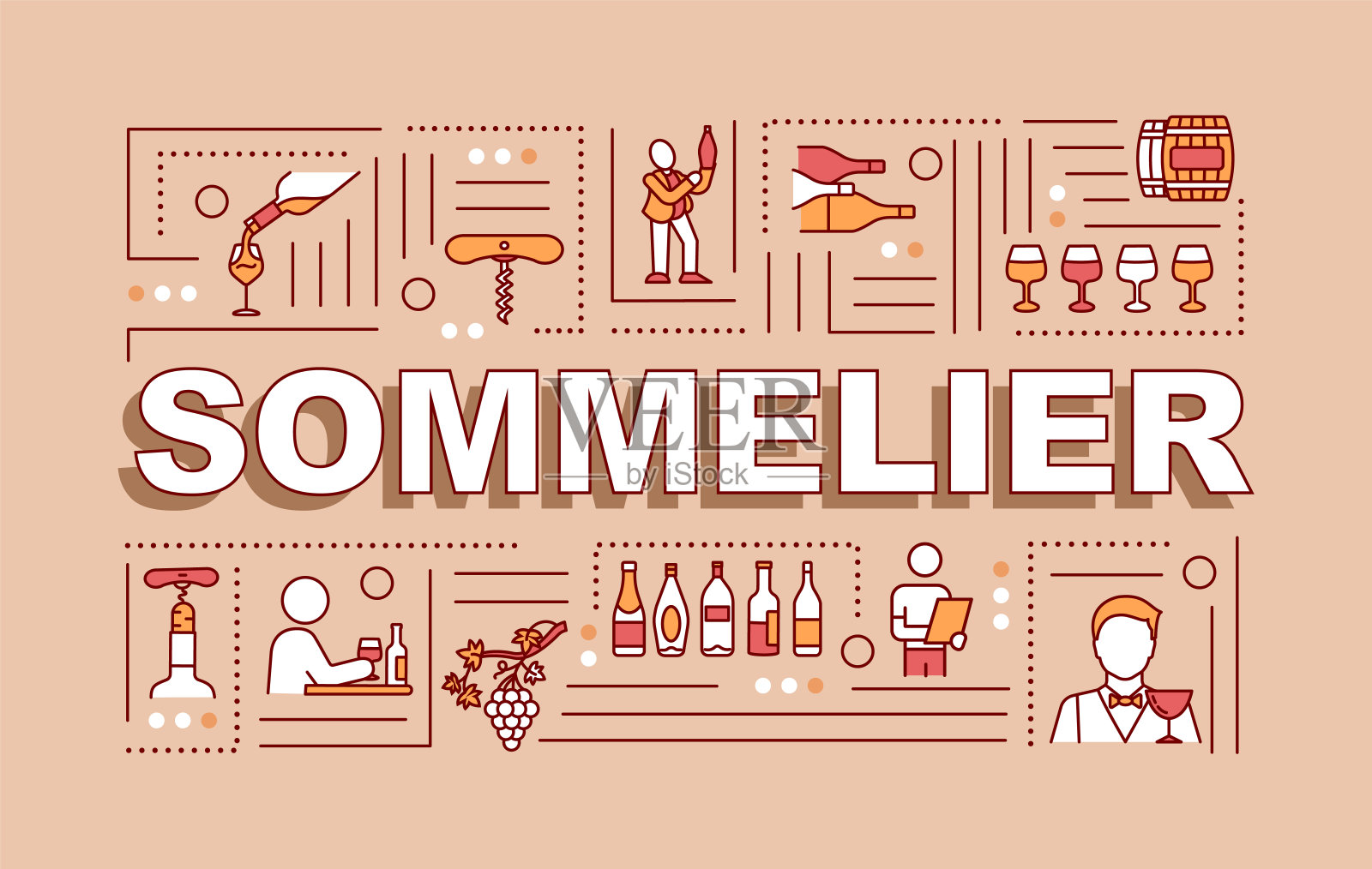 品酒师词概念横幅。美酒葡萄饮品推荐。红色背景上有线性图标的信息图。孤立的排版。矢量轮廓RGB颜色插图插画图片素材